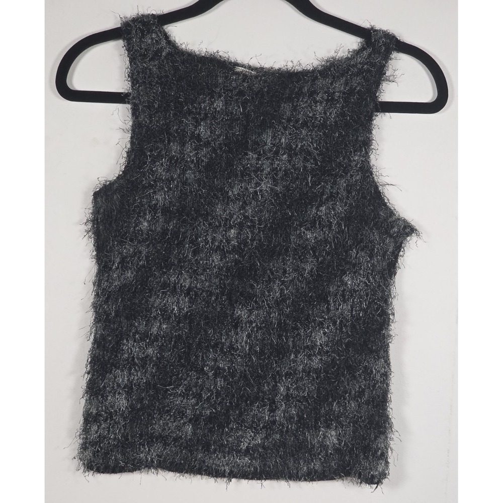 Ninety Womens M Tank Top Black Silver Metallic USA Made Eyelash Stretch Knit